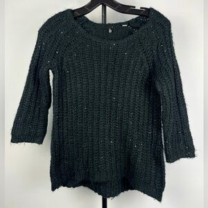 Anthropologie Knitted & Knotted Black Knit Sequin‎ Sunstitch 3/4 Sleeve Sweater